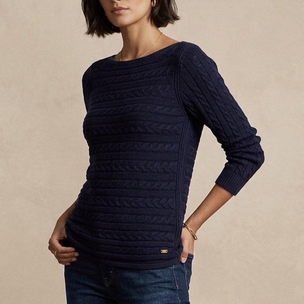 ralph lauren navy blue boat neck Coastal Fisherman cable knit sweater‎ womens XL